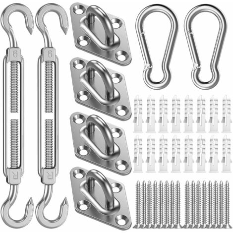 Kit de fijación para toldos de sombra, 40 piezas, acero inoxidable M6, con ganchos, tensores, mosquetones, ojales y tornillos para patios y pérgolas. (1/5)