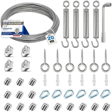 Juego de cable de acero de 20 m, cable metálico de 3 mm de espesor, tensor de cable M5, tensor de cable de acero inoxidable, gancho de pared M5, cable de acero con ojales, soportes para plantas… (1/5)