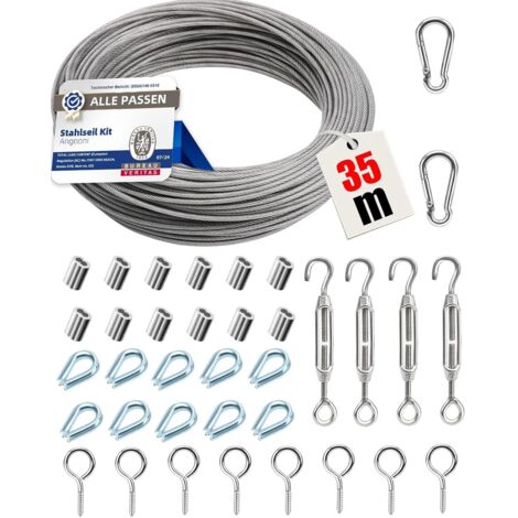 Paquete de cables de acero inoxidable de 2 mm de espesor - Tensor de cable de acero inoxidable M5 - 35 m - Gancho de pared M5 - Cable de acero con ojales - Soportes para plantas, cuerda (1/5)