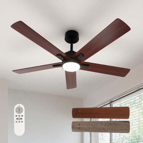 Ventilador de techo con luz integrada, 132 cm CC, 3 temperaturas de color, 6 velocidades, función verano/invierno dual para dormitorio, madera clara, color nogal. (1/5)