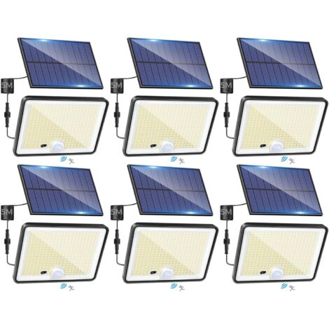 Juego de 6 luces solares exteriores con sensor de movimiento y control remoto, 342 LED, resistentes al agua IP65, 3 modos de iluminación para jardín, garaje y patio, luz blanca fría. (1/5)