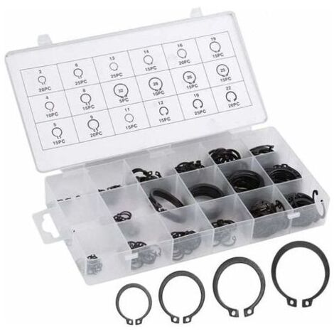 Pack of 300 E-clips circlips, assorted external retaining rings, C-clips, split loop washers, 2mm-32mm (1/5)