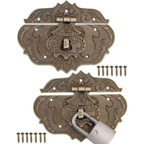 Set of 2 antique-style bronze-iron design furniture clasps, fittings for curtain locks, chests and boxes, sliders, 95 x 73 mm with screws (1/5)