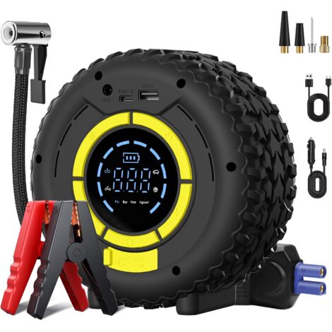 Arrancador de batería y de neumáticos para coche de 150 PSI - Arrancador de coche de 120 W, compresor de aire portátil, 4 modos inteligentes, pantalla LCD, luz LED y SOS.