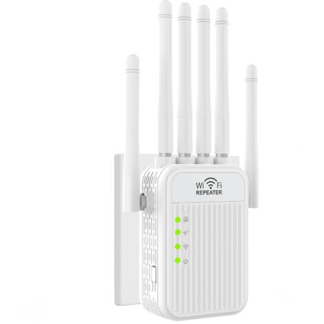 Repetidor WiFi, potente amplificador de señal WiFi, 6 antenas, 2 puertos LAN, extensor/WiFi de 2,4 GHz, cobertura de hasta 1200 m², ideal para oficina y hogar, fácil instalación.