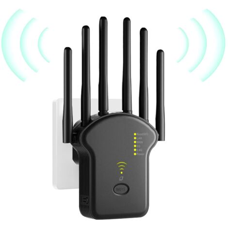 Repetidor WiFi, amplificador WiFi, potente repetidor WiFi de doble banda de 1200 Mbps (5 GHz y 2,4 GHz), amplificador WiFi, extensor WiFi con 6 antenas, puertos LAN/WAN, modo repetidor/router/punto de