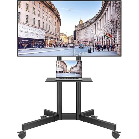Support TV sur Pied avec Roulettes, Pied TV Universel Inclinable et Réglable en Hauteur 32-85 Pouces, Charge Max 55 kg, VESA 600x400 mm, Support Télévision Mobile avec Étagère pour Salon