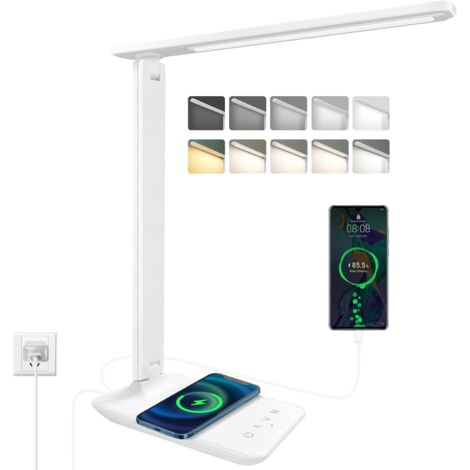 Lampe de Bureau LED avec Adaptateur, Pliable Lampe de Chevet Dimmable avec 5 Modes de Couleur et 5 Niveaux de Luminosité, Port de Charge USB, Pour Lecture Travail (Blanc, pro) (1/5)