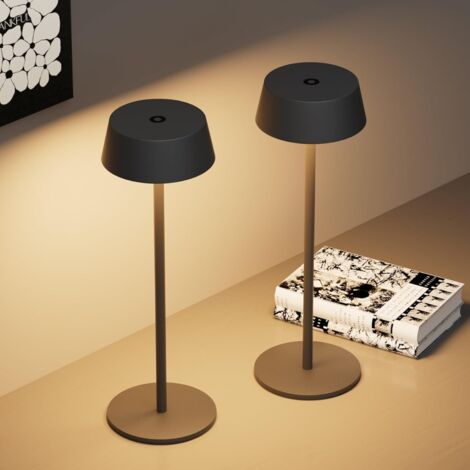 Kligten Lot de 2 LED Dimmable Noir Lampes de Bureau à batterie, Rechargeable Lampe de Table avec de Chargement USB pour Intérieur Extérieur, Chaude Couleur 3000K, Aluminium, IP54 (1/5)