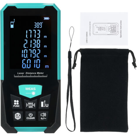 Professioneller Entfernungsmesser mit 100 m / 328 ft Messband, kontinuierlichen Messmodi, Volumen- und Flächenmessung, Satz des Pythagoras, USB-Ladefunktion.