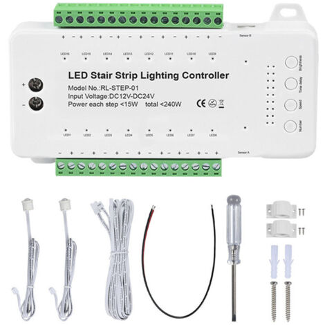 LED-Lichtleistensteuerung für Treppen (16 Stufen) mit integriertem PIR-Sensor, dekorativer Umgebungsbeleuchtung und Intensitätsdimmer.