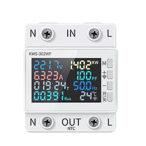 Tuya WiFi 8-in-1 Energiezähler, Farbdisplay, 2-polig, multifunktional, Fernsteuerung per App, 170–270 V / 63 A, Standard-Schienenmontage
