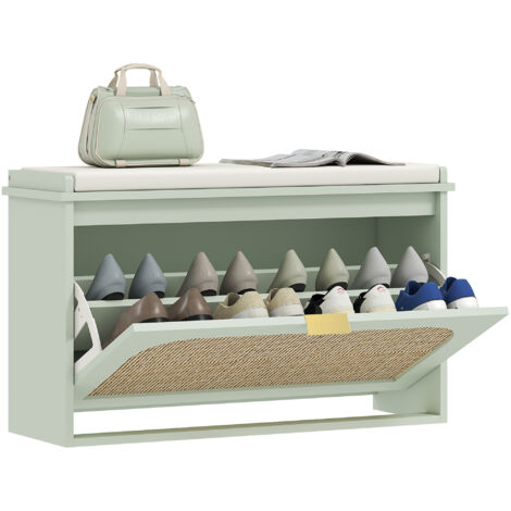 Schuhbank, Aufbewahrungsbank, gepolsterter Sitz, Klappschublade, Rattantür, 80 x 26 x 47,5 cm, grün