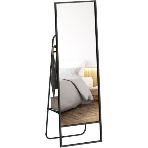 Ganzkörperspiegel, Industriedesign, Ablagefläche, 2 Haken, Metallrahmen, fürs Schlafzimmer, 157 x 50 cm, schwarz (1/5)