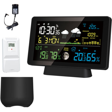 Stazione meteorologica wireless con pluviometro, termometro-igrometro per interni/esterni, barometro, orologio atomico, previsioni e fasi lunari, stazione meteorologica