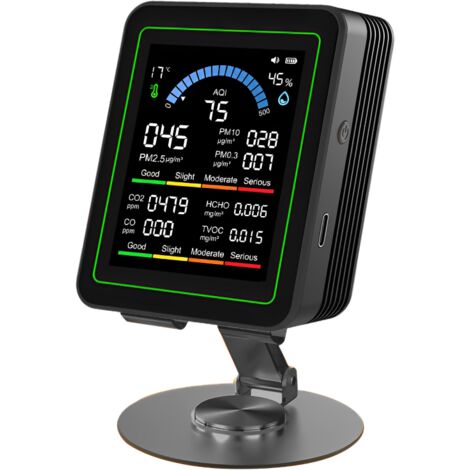 Tester per condizionatori d'aria 10 in 1 con schermo TFT a colori da 2,8 pollici, misura PM2.5, PM10, HCHO, TVOC, CO₂, temperatura e umidità con batteria integrata.