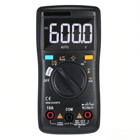 Multimetro automatico RM102Pro, 6000 conteggi, retroilluminazione, amperometro AC/DC, voltmetro, misurazione diodi, resistenza, capacità e temperatura.