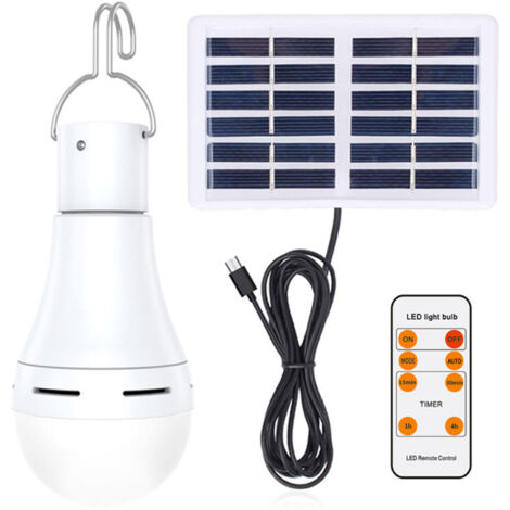 Bombilla LED solar para uso interior y exterior, luz de emergencia portátil para mercados nocturnos y acampadas, con mando a distancia, modos ajustables y temporizador, resistente al agua con certific