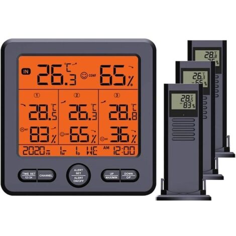 Estación meteorológica inalámbrica con 3 sensores exteriores impermeables, alcance de 30 m, visualización de temperatura/humedad, alarma, calibración, modo 12/24 h.