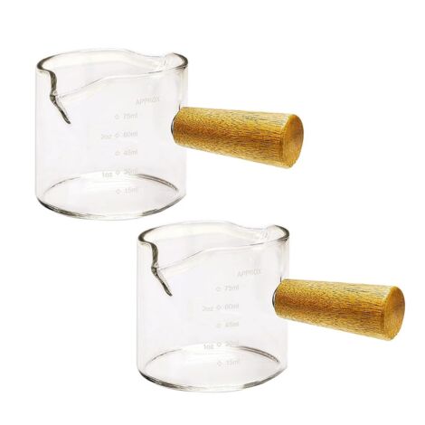 Juego de 2 vasos medidores para espresso con doble boquilla y mango de madera, de 75 ml, para café con leche. (1/5)
