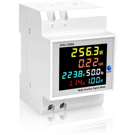 Medidor eléctrico doméstico monofásico inteligente - Instalación mediante riel guía - Voltaje CA - Corriente CA - Frecuencia - Factor de potencia - Pantalla LCD a color