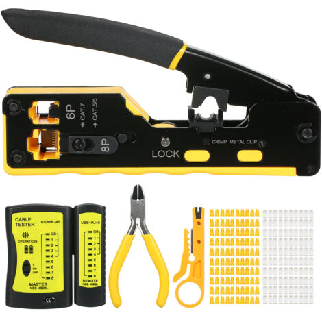 Kit crimpado RJ45 para Cat5e Cat6 Cat6a, incluye 100 conectores pasantes, 100 tapas, crimpadora red y cuchillas prueba, herramienta completa redes