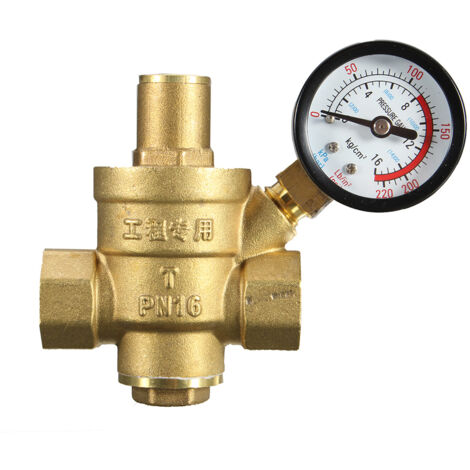 Válvula reguladora de presión de agua de latón DN15 de 1/2", con manómetro y limitador de presión ajustable (85 x 63 mm). (1/5)