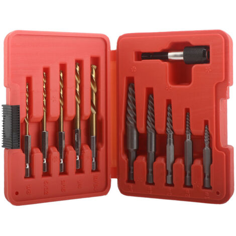 Kit 11 piezas extractor tornillos rosca izquierda, 5 extractores 5 brocas HSS 1 adaptador, acero HSS cobalto, para tornillos dañados