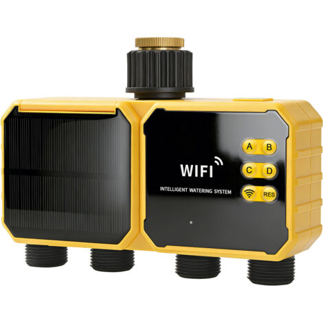 Temporizador de riego solar WiFi con sensor de lluvia, controlador inteligente para exteriores G3/4", carga solar y USB-C, para riego por goteo. (1/5)