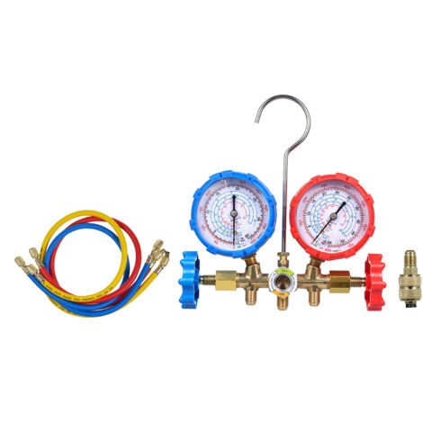 Juego manómetros AC colector 3 vías  Compatible R134a, R32, R22, R410A  Con adaptador mangueras  Para diagnóstico aire acondicionado automotriz