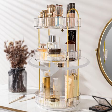 Organizador de maquillaje giratorio de 360° de 3 niveles color oro, gran capacidad para guardar cosméticos y productos para el cuidado de la piel, soporte para tocador de baño. (1/5)