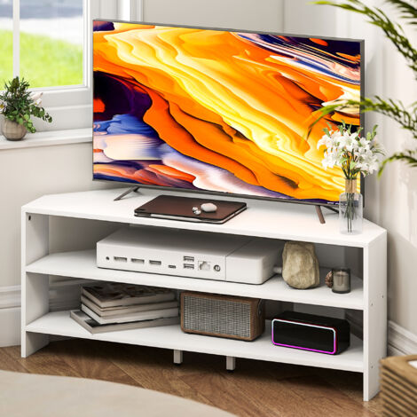 Mueble esquinero blanco para TV con 2 estantes para pantallas de hasta 47 pulgadas, ideal para el salón, ahorra espacio y es funcional. (1/5)