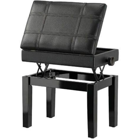 Banco, taburete, asiento de piano, almacenamiento integrado, altura regulable, madera de caucho, funda de asiento sintética, negro (1/5)