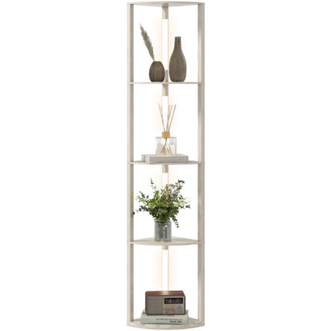 Lámpara de mesa LED esquinera, regulable, 4 estantes, luz blanca cálida, 41 x 30 x 164 cm, roble. (1/5)