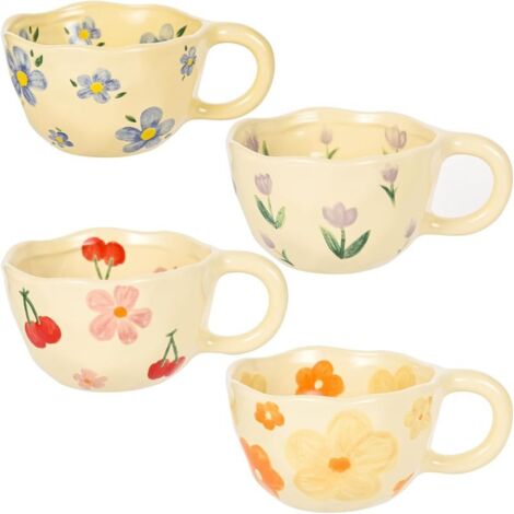 Tazas de cerámica vintage con estampado floral (24 cl), juego de 4 piezas, estilo original e irregular, hechas de porcelana sin plomo, para café o chocolate caliente. (1/5)