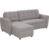 Sofá cama esquinero de 3 plazas con chaise longue, espacio de almacenamiento y tapicería efecto lino, 217 x 134 x 85 cm, gris.