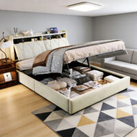 CJHXE Bett (140 x 190 cm) mit USB-Typ-C-Ladeanschluss, gepolstertes Bett mit hydraulischem Stauraum. Doppelbett, Bettgestell