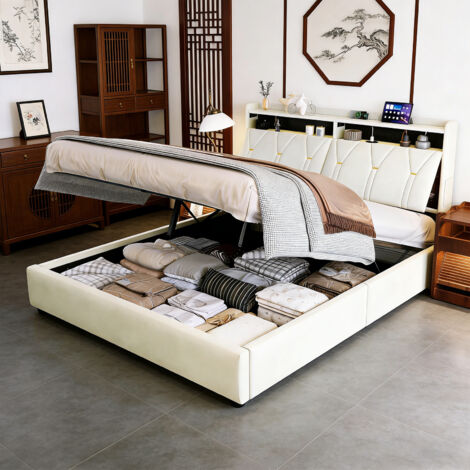 CJHXE Letto imbottito 140 x 200 cm con illuminazione a LED, letto funzionale idraulico con vano portaoggetti, struttura letto matrimoniale con testiera a LED dotata di porta USB e Type-C (1/5)