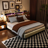 CJHXE Letto matrimoniale imbottito 140 x 200 cm, letto contenitore con vano portaoggetti e testiera LED con porta USB e Type-C, struttura letto moderna