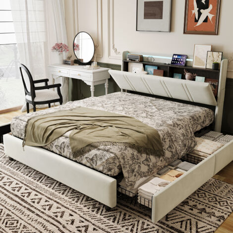 CJHXE Cama tapizada de 160 x 200 cm, cama con 4 cajones, cama de matrimonio con iluminación LED, cabecero con puerto USB y Type-C, somier de láminas