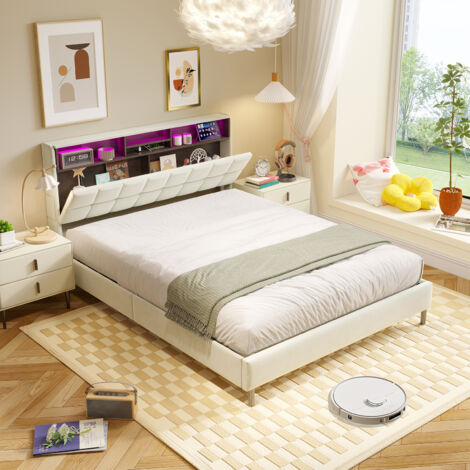 CJHXE Cama doble tapizada con LED, 160 x 200 cm, con cajones, cabecero, puertos USB y Type-C, somier de láminas acolchado, terciopelo