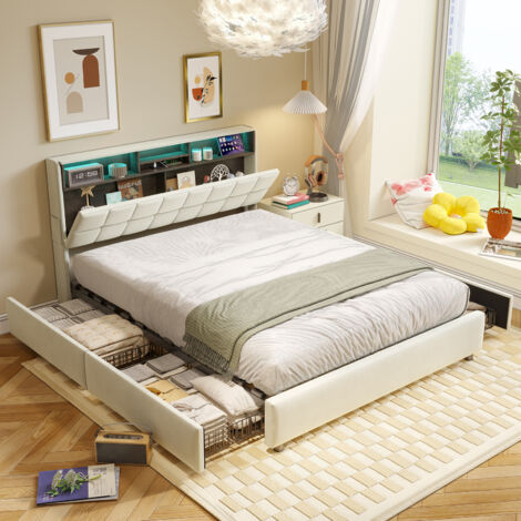 CJHXE Cama doble tapizada de 160 x 200 cm, con 4 cajones y cabecero, somier de láminas, iluminación LED y puertos USB y Type-C colchón no incluido