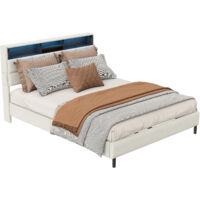 CJHXE Cama doble tapizada de 140 x 200 cm, cama con canapé y somier de láminas, diseño moderno, con iluminación LED
