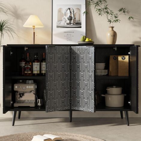 Armoire De Salle À Manger avec Motif en Chevrons, Design Antichute, Armoire De Rangement Autonome, Noir (1/5)