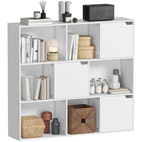 Bibliothèque étagère de rangement 9 cubes avec 3 portes et 6 compartiments ouverts, 106 x 24 x 95 cm, blanc (1/5)