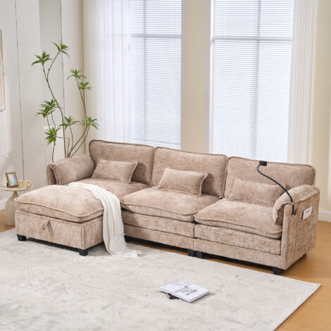 Canapé 2 Places Moderne en Chenille avec Mousse Confort et Mémoire de Forme, Équipé de Port USB, Poche Latérale, Support Téléphone et Tabourets Modulables, Idéal pour Salon et Bureau à Domicile (Capuc (1/5)