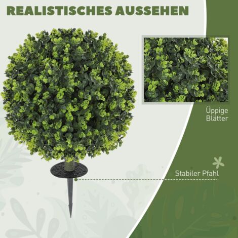 Lot de 2 Plantes Artificielles, Boules de Buis Artificiel avec Piquet, pour une Utilisation Intérieure et Extérieure, Résistantes aux UV, Vertes (1/4)