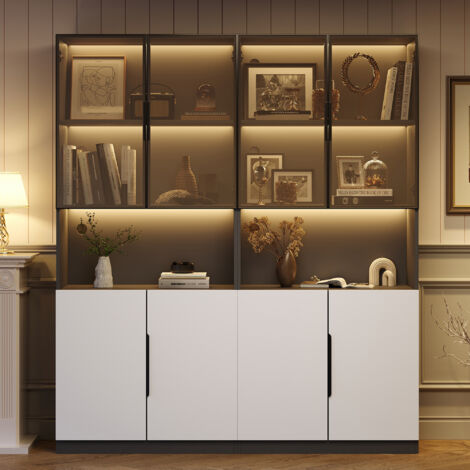 Vitrine Moderne avec Portes en Verre et Éclairage LED, Bibliothèque pour Objets de Collection, Luminosité et Température de Couleur Réglables, Design Élégant Blanc et Noir, 30 x 160 x 200 cm (1/4)