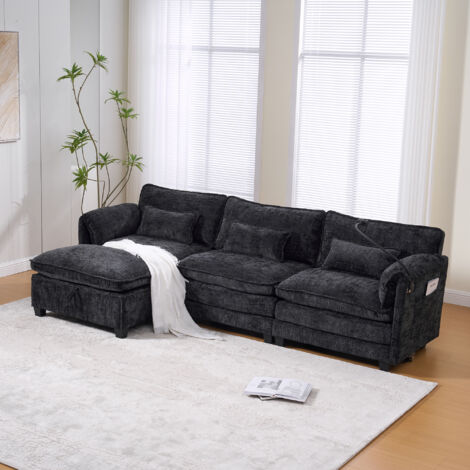 Canapé 2 Places Moderne en Chenille avec Mousse Confort et Mémoire de Forme, Équipé de Port USB, Poche Latérale, Support Téléphone et Tabourets Modulables, Idéal pour Salon et Bureau à Domicile (Noir) (1/5)