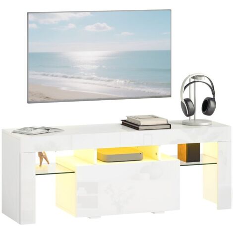 Meuble TV, meuble télé avec éclairage LED RGB, haute brillance, étagères en verre trempé, 120x34x45cm, blanc (1/4)